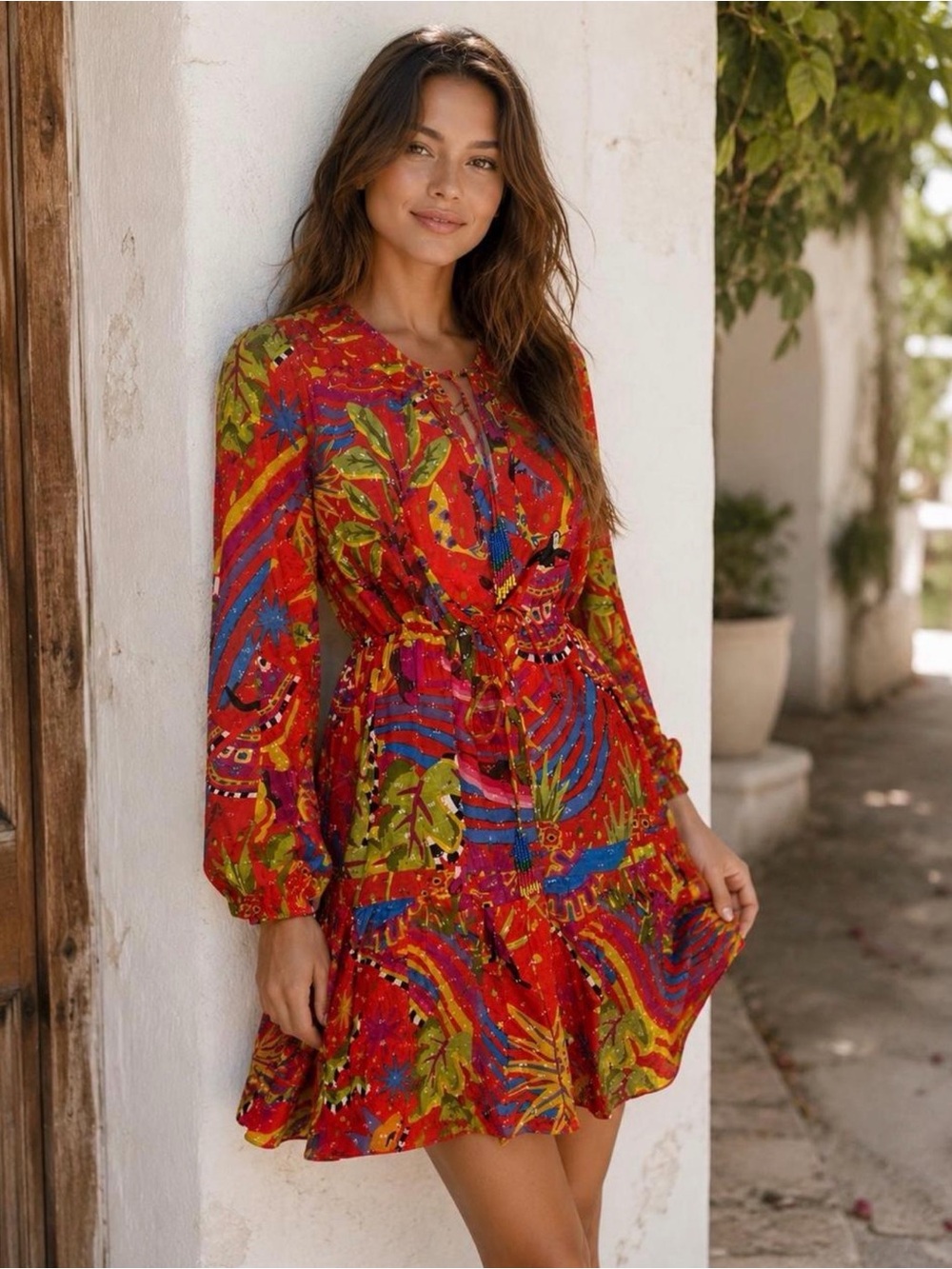 FARM Rio Red Magic Forest V Neck Mini Dress with beaded tassels, size S